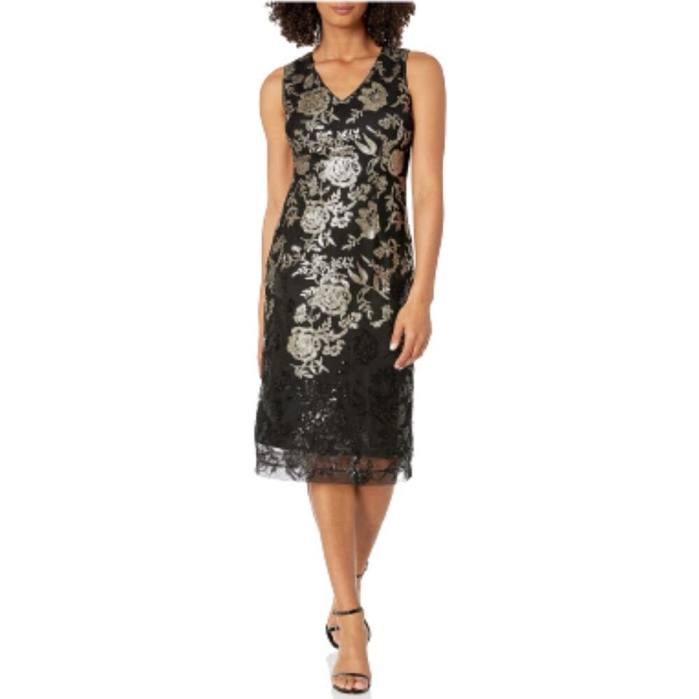 Donna Ricco Dress Gold Black Sequin V-Neck Sleeveless Evening Sheath Size 4